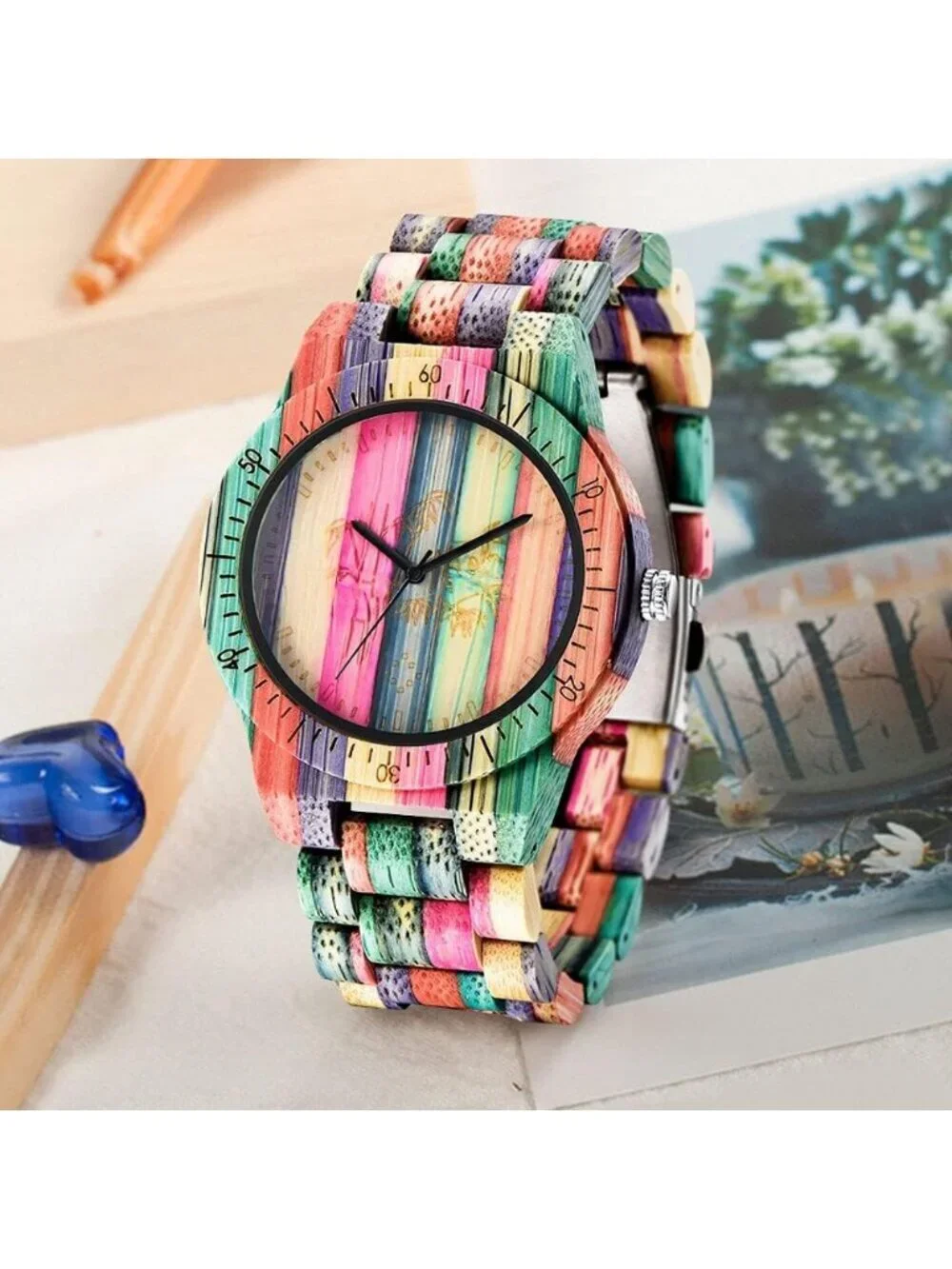 Men's Multi Color Handmade Round Colorful Tree Bamboo Analog Quartz Wooden Watch